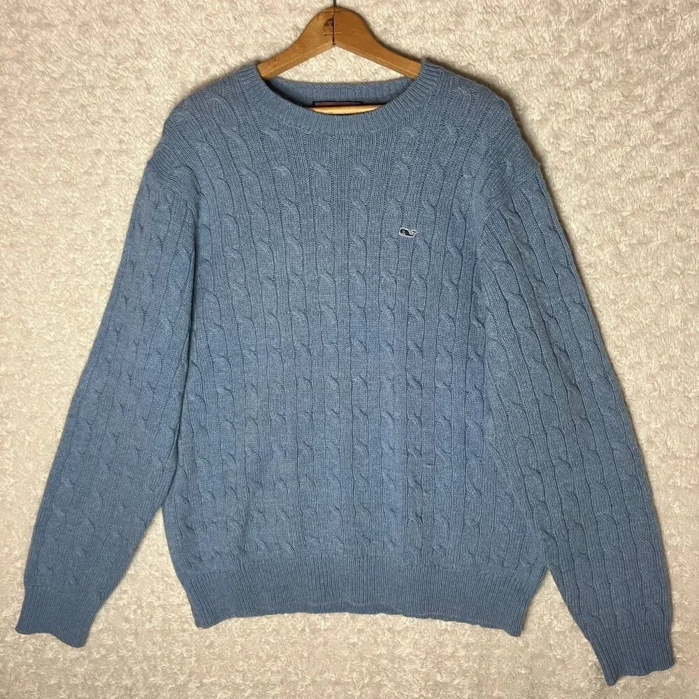 Vineyard Vines Mens Large Blue Wool Blend Cable Knit Crewneck Whale Logo Sweater